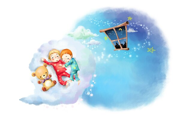 Children s dream in blue tones children on a cloud