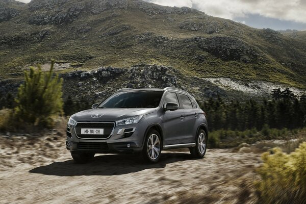 Peugeot SUV steht in der Nähe der Berge