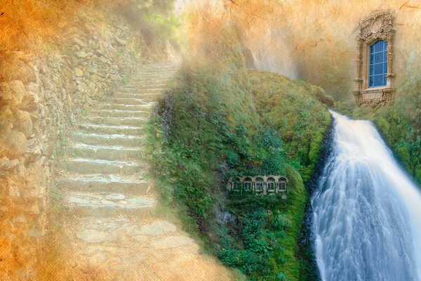 Steinstraße, die den Wasserfall hinaufsteigt