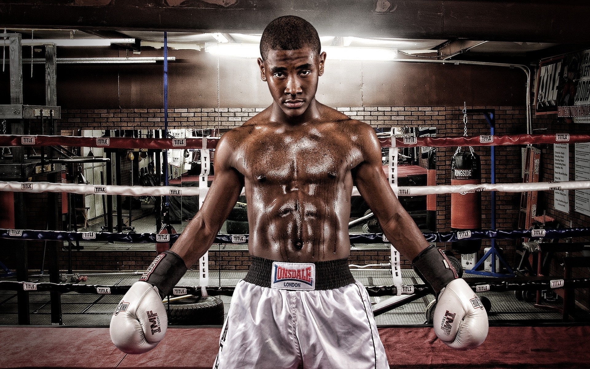 boxe atleta competição homem adulto sozinho musculoso dentro de casa retrato força pugilista exercício músculos aptidão esporte forte equipamento desportivo