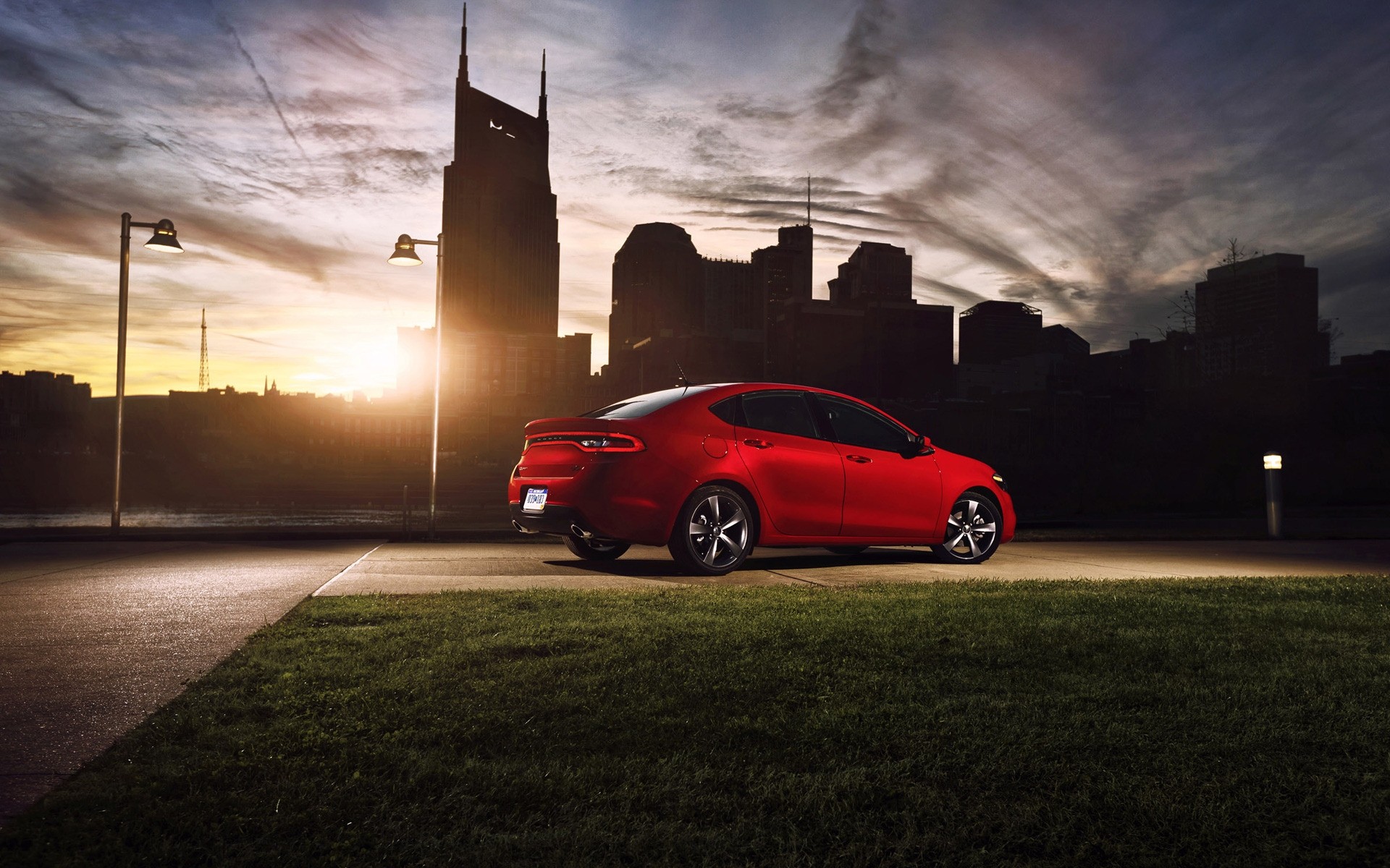 ausweichen auto auto straße bürgersteig schwarz licht transportsystem straße sonnenuntergang stadt landschaft asphalt dodge dart