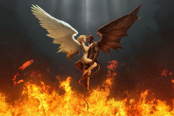 The embrace of a winged angel and a demon hovering between the heavens and the fiery abyss