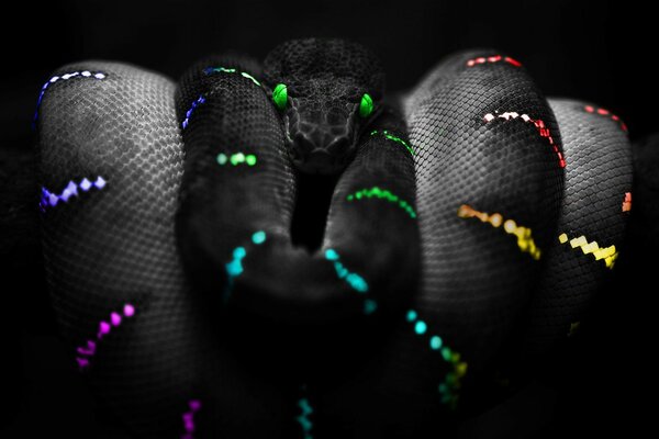 Snake with green eyes on a black background