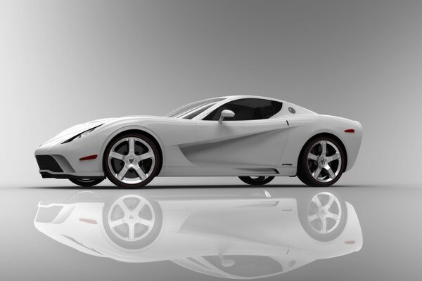 A white car on a white background with a reflection on the floor