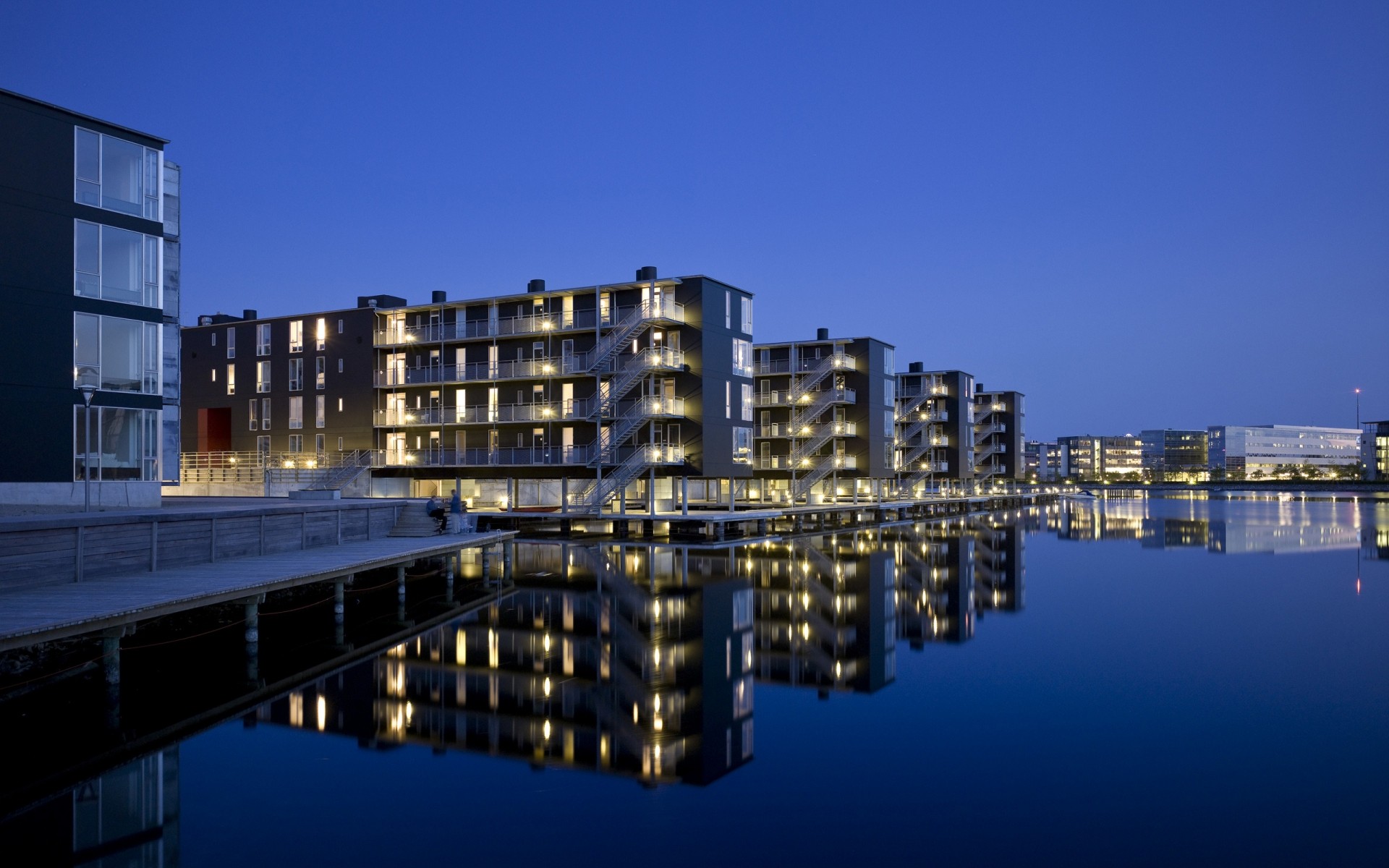 denmark architecture city modern reflection sky business water building urban travel copenhagen modern architecture lake night lights