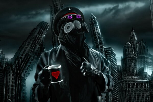 A man in a gas mask on the background of a crumbling city