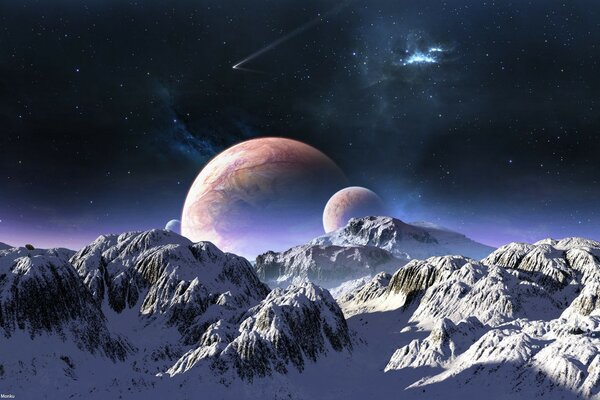 Lunar landscape. Mountains and a number of planets