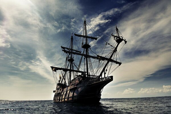 Ship Galleon Sailboat Sea Waves Sky Clouds Landscape