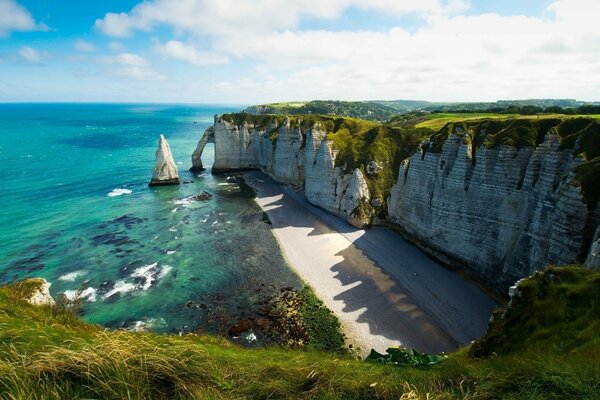 Крутые скалы и пляж перед голубым морем