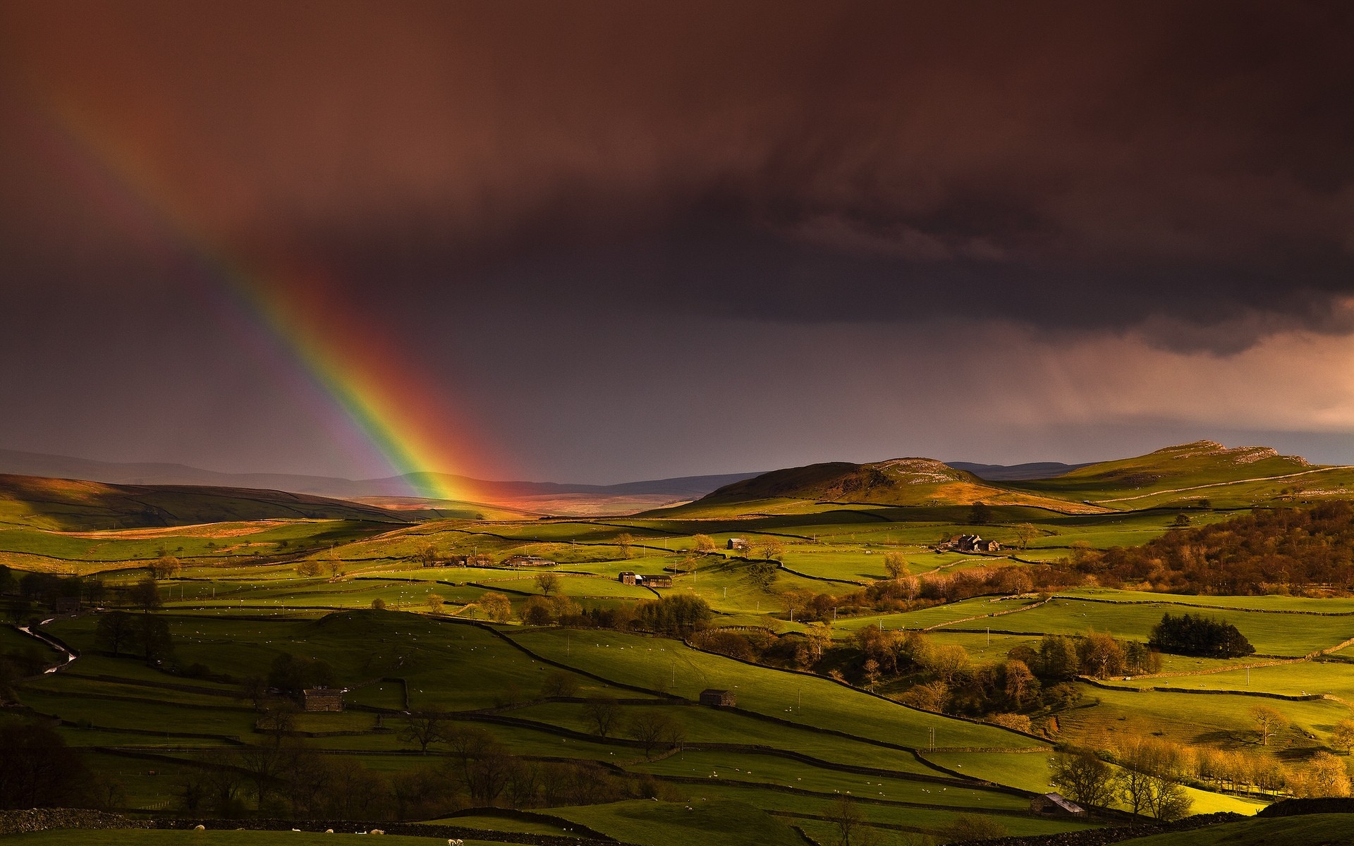 landscapes sunset landscape sky rainbow outdoors dawn travel evening nature cropland green hills background