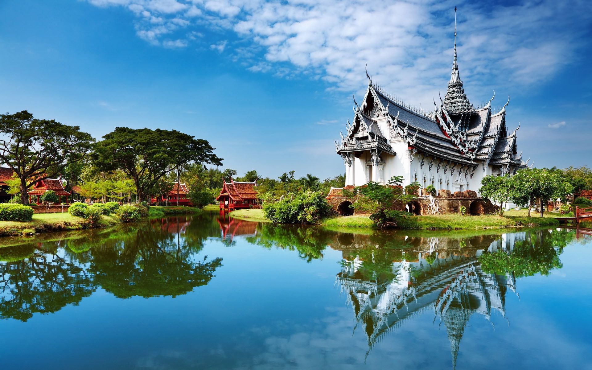 locks travel lake reflection water sky traditional culture tree pool architecture outdoors tourism river building nature park cloud temple beautiful