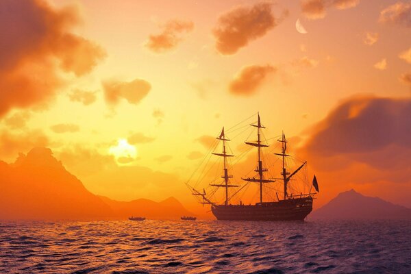 The ship in the rays of the setting sun