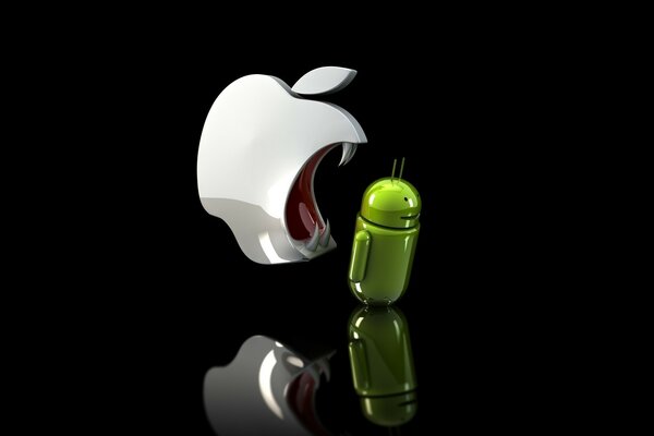 Das Apple-Logo möchte das Android-Logo essen