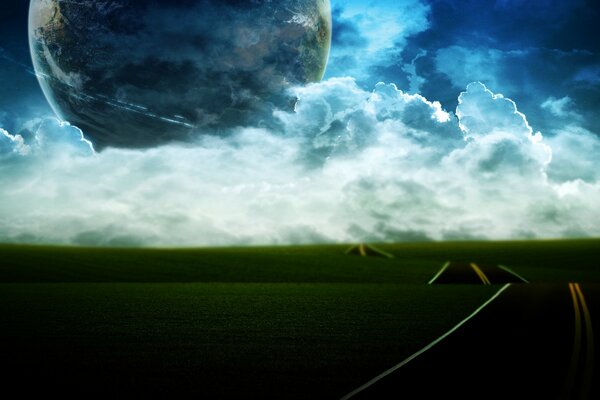 Landscape of a field with a road going into the sky-high horizon, a huge planet in the sky