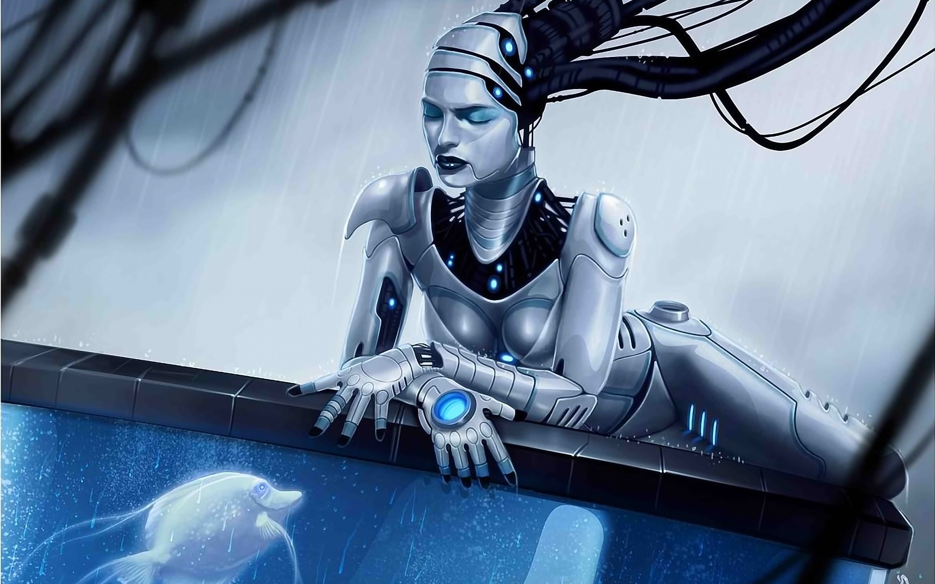 fantasia tecnologia computador robô técnico fundo azul arte design