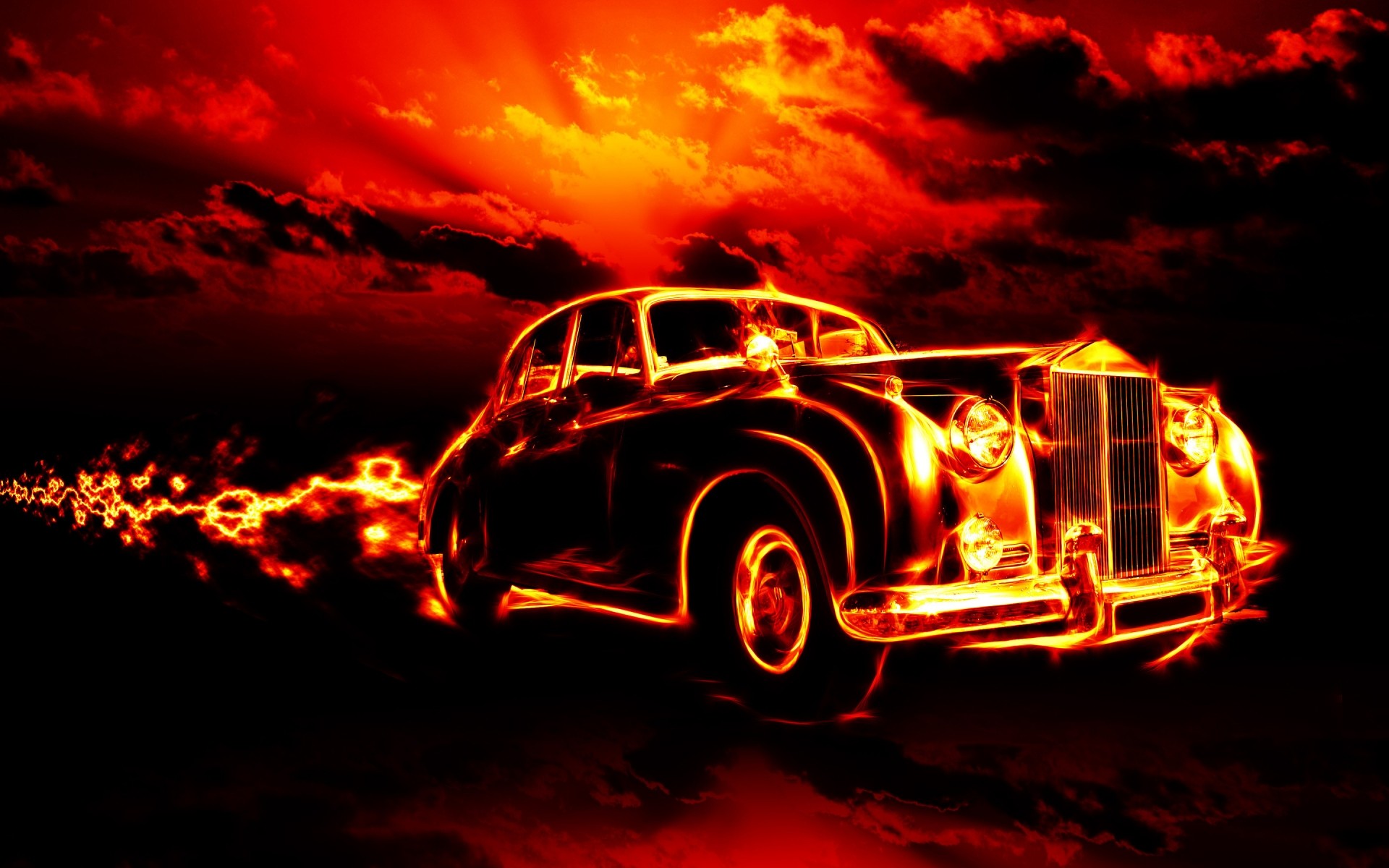 fire flame light dark background classic car