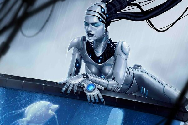 Robot féminin sur l aquarium