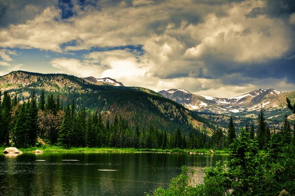 Paysage de montagnes, de sapins verts et de lacs