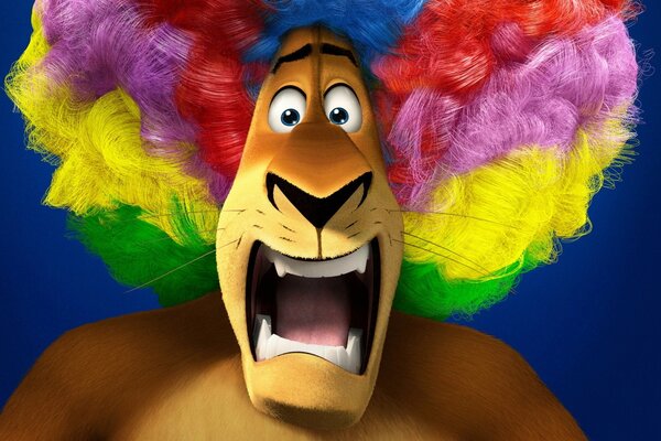 Alex the lion with a multicolored hairstyle