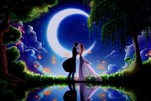 Illustration de héros amoureux fabuleux sous la lune