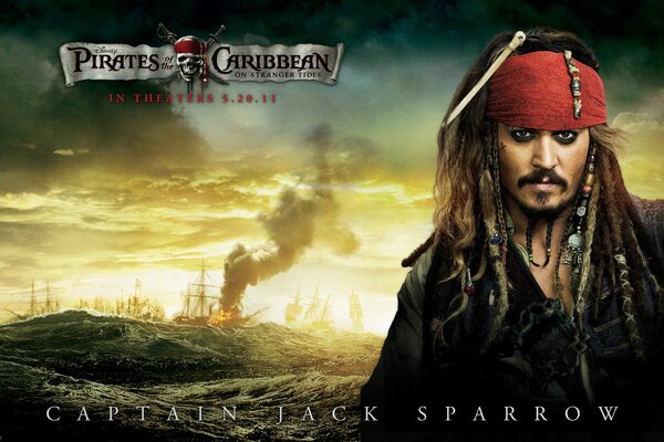 Mar con olas altas y un barco en llamas. Jack Sparrow