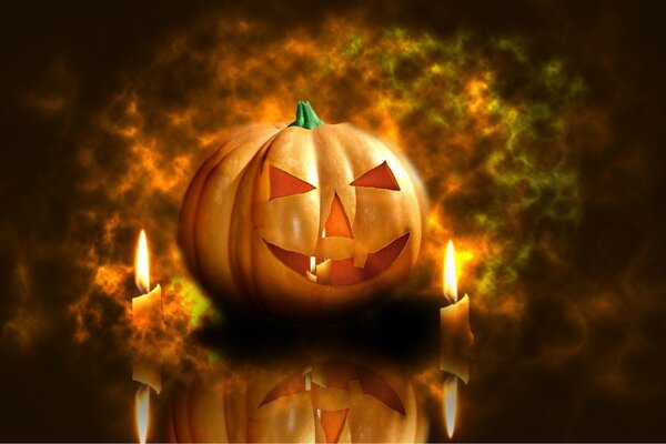 A picture of the Halloween holiday on the background of a flame