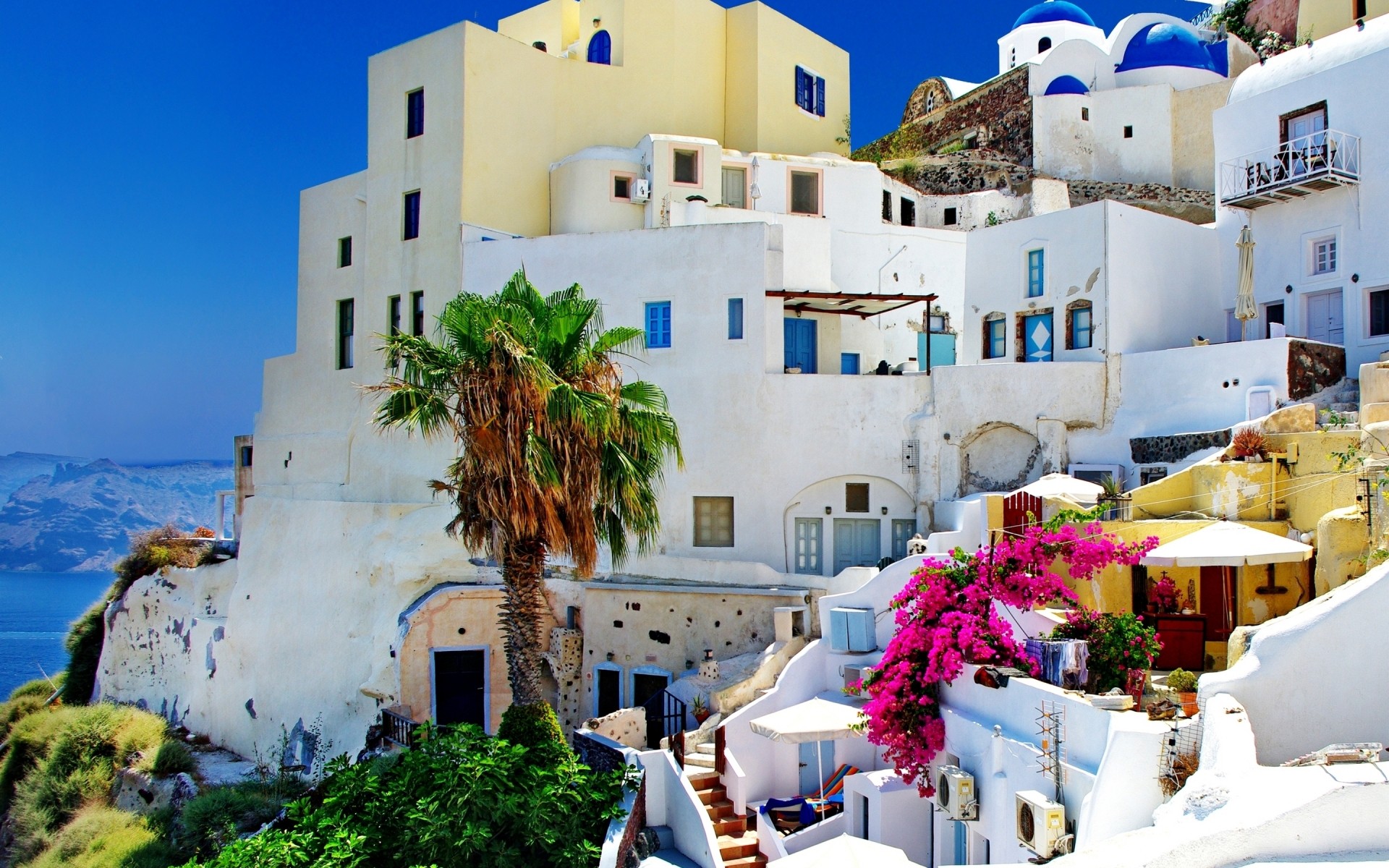 griechenland architektur reisen haus haus im freien stadt himmel urlaub tourismus traditionell familie stadt sommer meer meer alt schauspiel palmen santorini