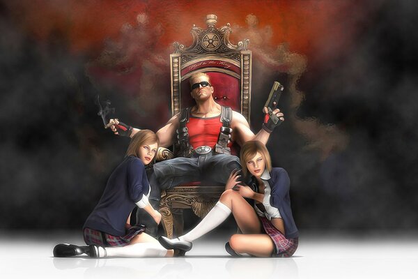 A man sitting on a throne with two girls