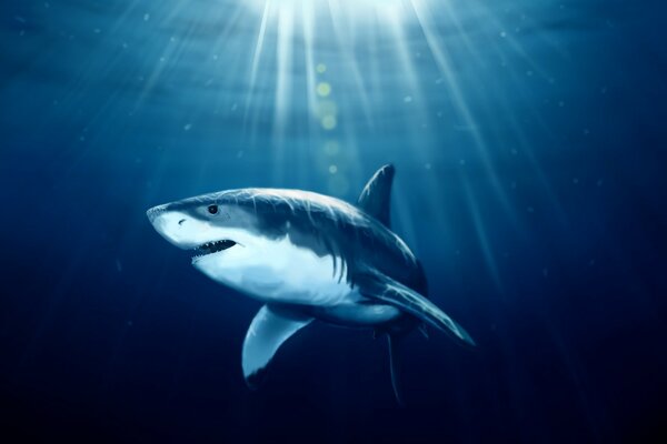 Shark in the ocean under the rays of the sun