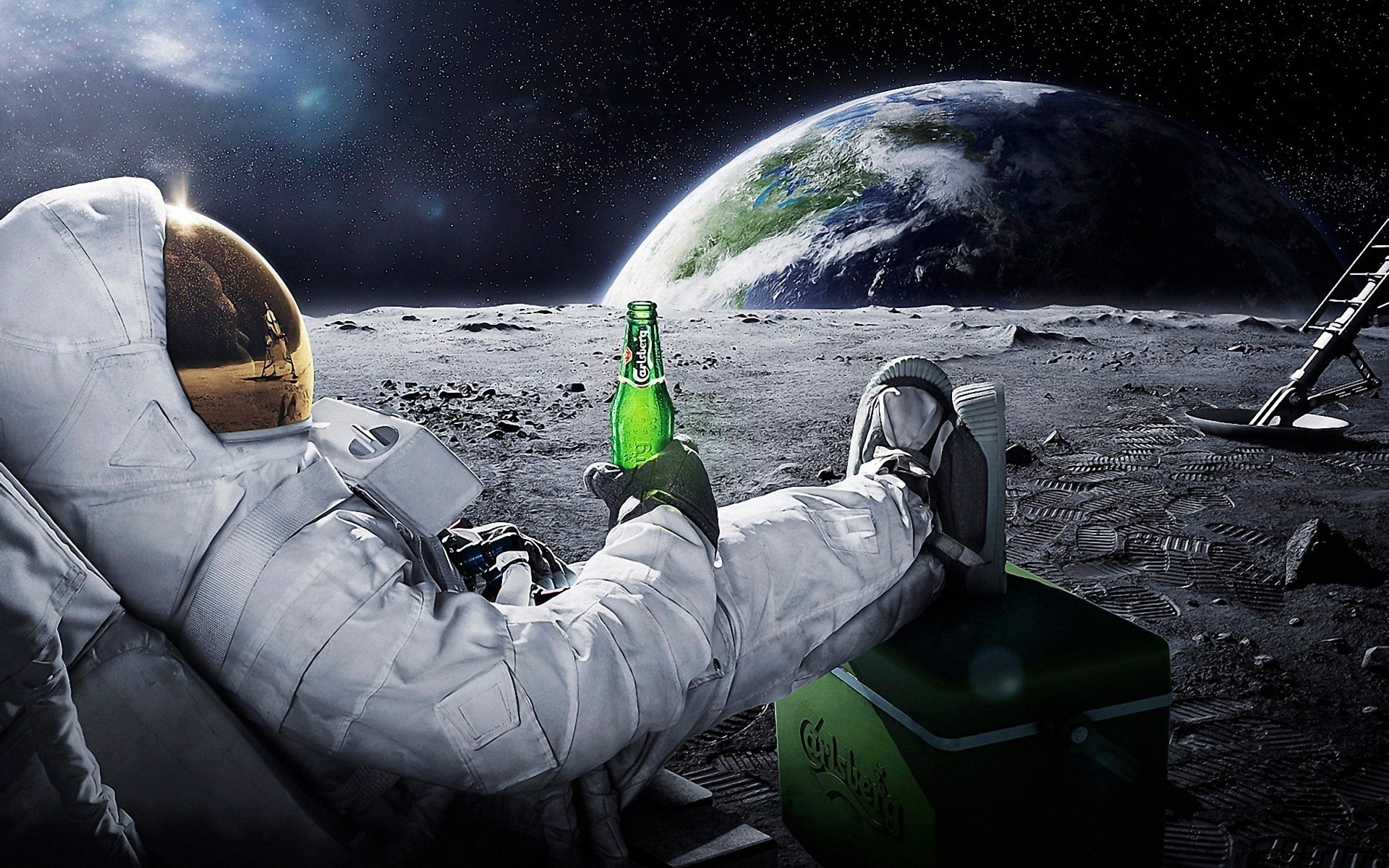 fantasia desastre carro lua nave espacial exploração poluição acidente fumaça viagens carlsberg propaganda promoção