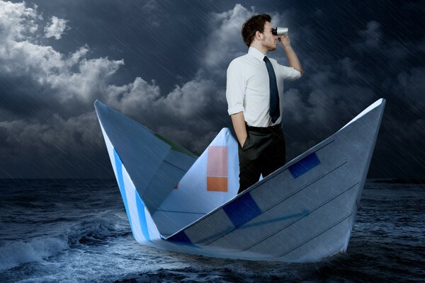 Un hombre en un barco en el mar en un proceso fotográfico