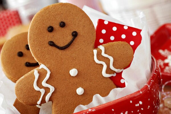 Lebkuchen in Form von Lebkuchenmännern in einer roten Schachtel verstaut