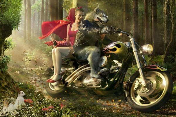 A girl with a wolf riding a motorcycle through the forest