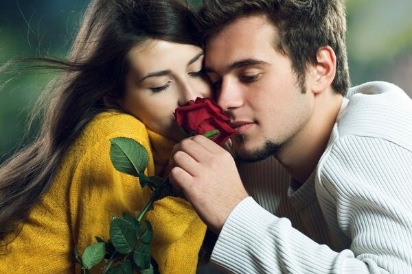 A couple in love sniffs a rose