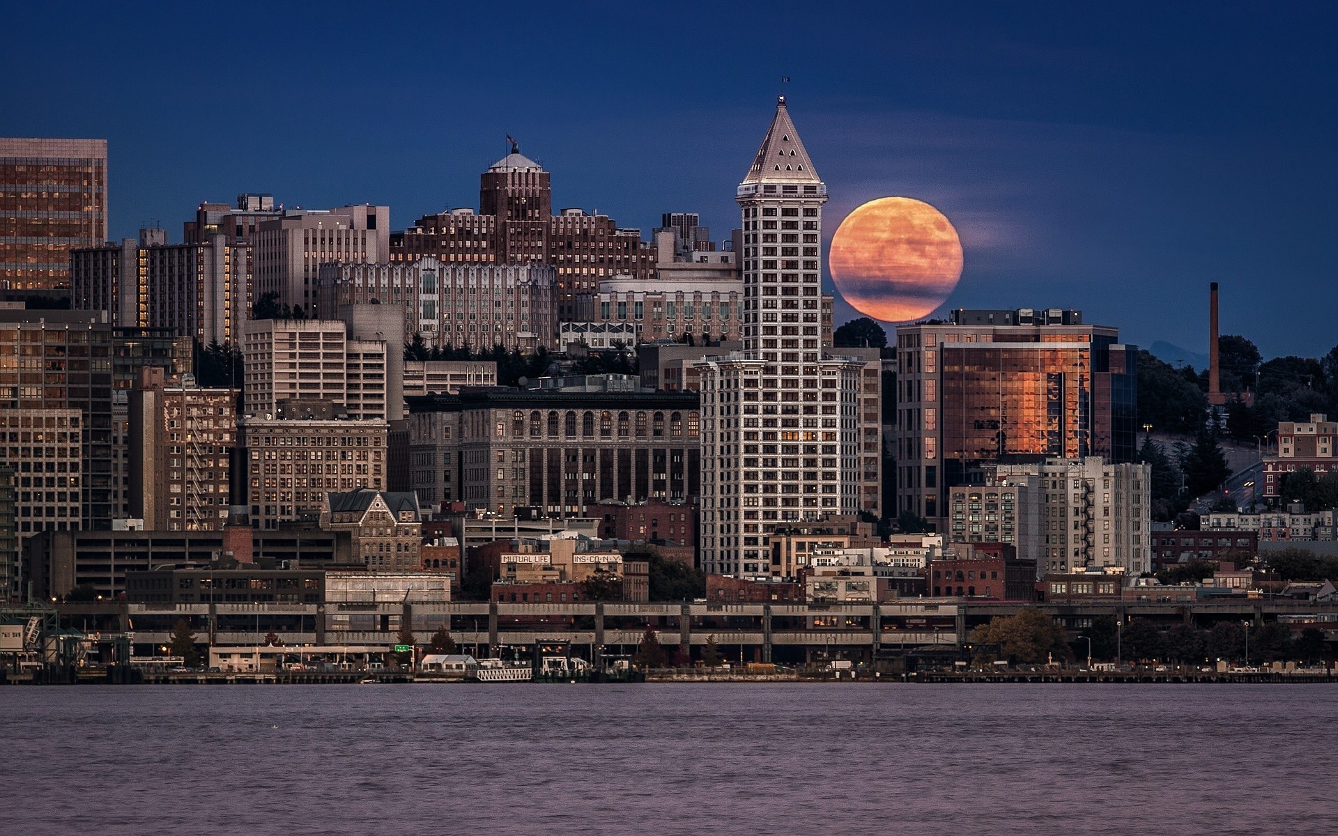 estados unidos ciudad skyline agua arquitectura ciudad viajes casa rascacielos puerto paseo marítimo mar cielo centro de la ciudad urbano río muelle puesta de sol casa luna estados unidos