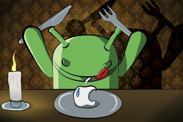 Funny android eats an apple