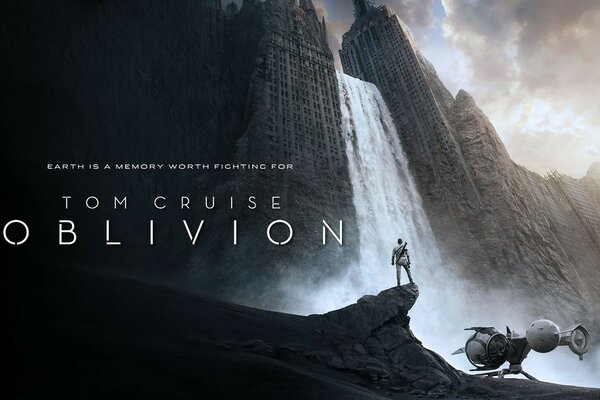 Una cascada fantástica y un hombre con un avión con el logotipo de Oblivion