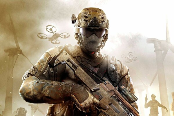 A soldier in call of duty with a weapon on the background of a quadcopter