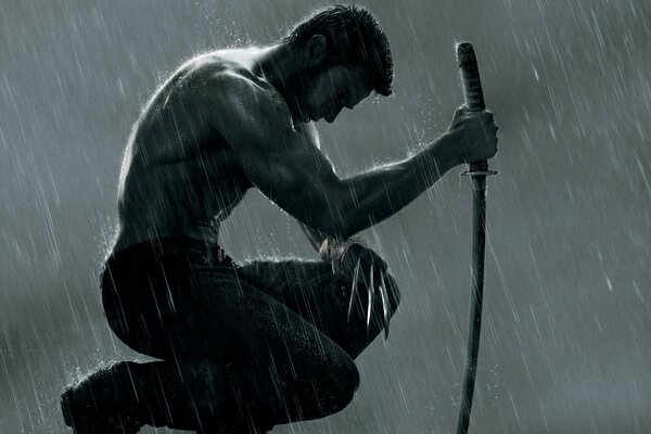 A wolverine in the rain with a sword