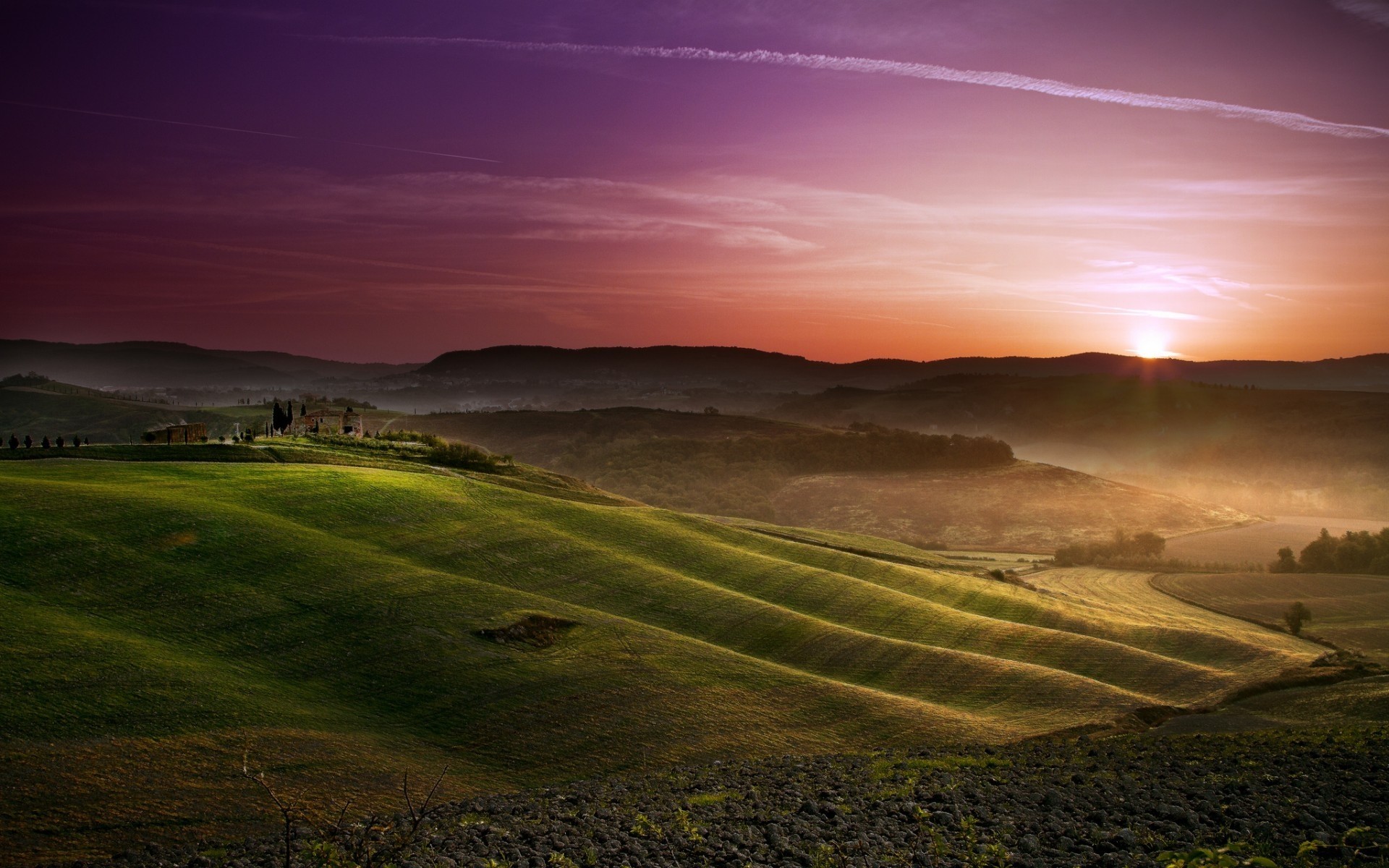 landscapes sunset landscape dawn nature sky grass sun travel summer countryside field outdoors fair weather rural evening dusk hills green hills dark sky