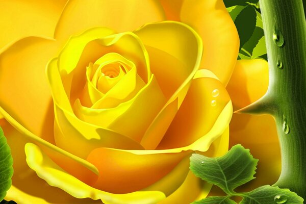Желтая огромная роза с шипами