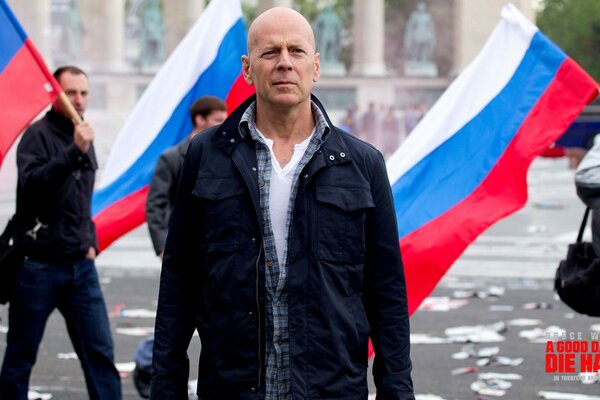 Bruce Willis. The Russian flag. For the Motherland