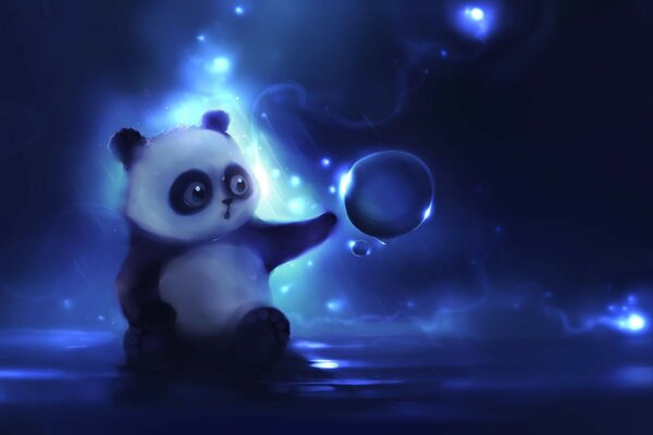 Cartoon panda with soap bubbles