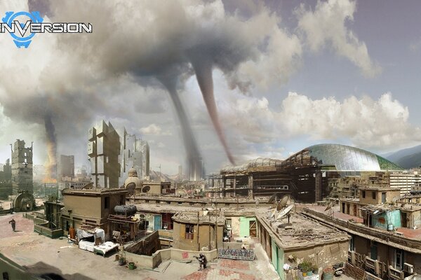 Tornado passes through the city where there are fights