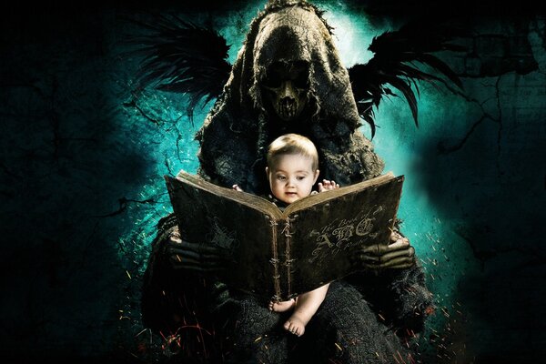 Child. Book. A monster with wings