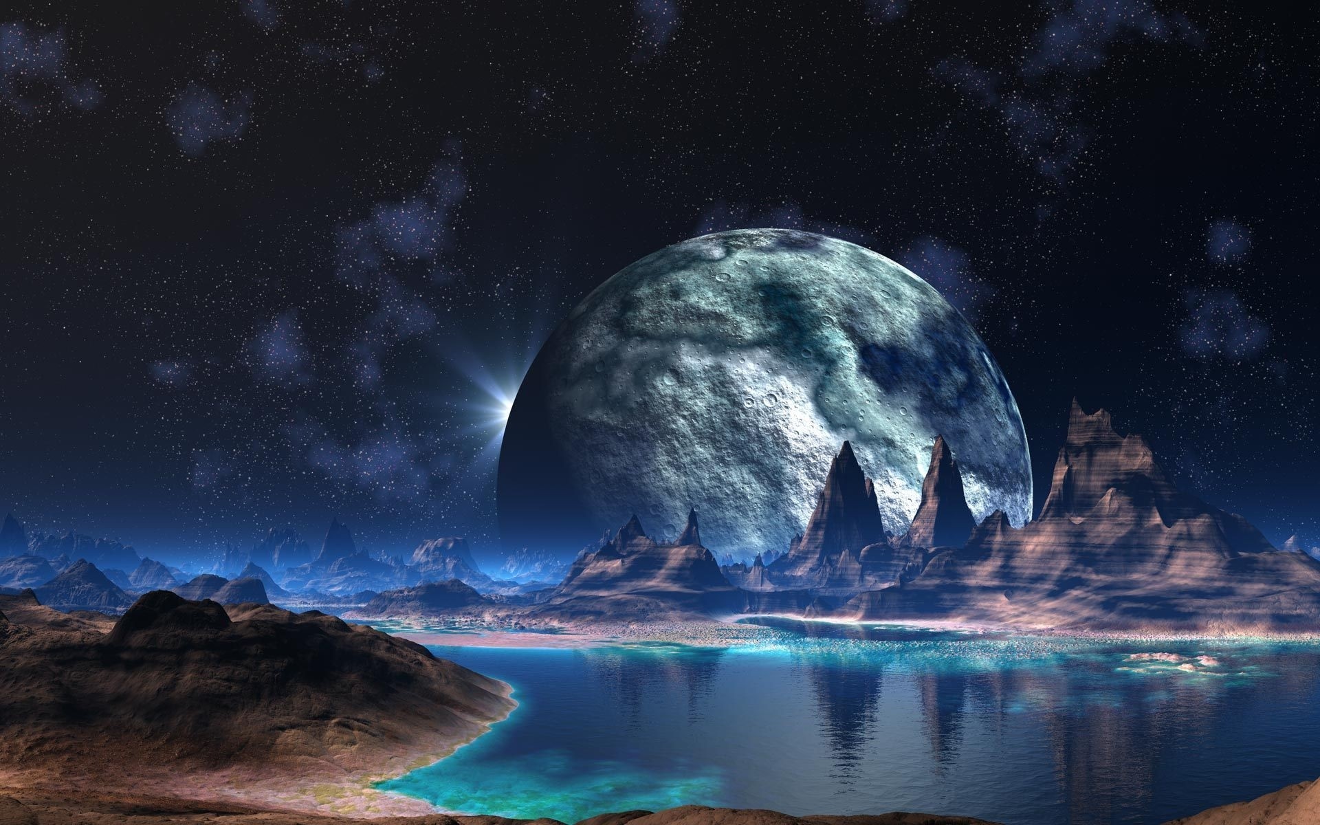 fantasía luna astronomía agua viajes planetas océano cielo exploración noche mar al aire libre naturaleza galaxia amanecer sol ciencia ficción planetas montañas río estrellas