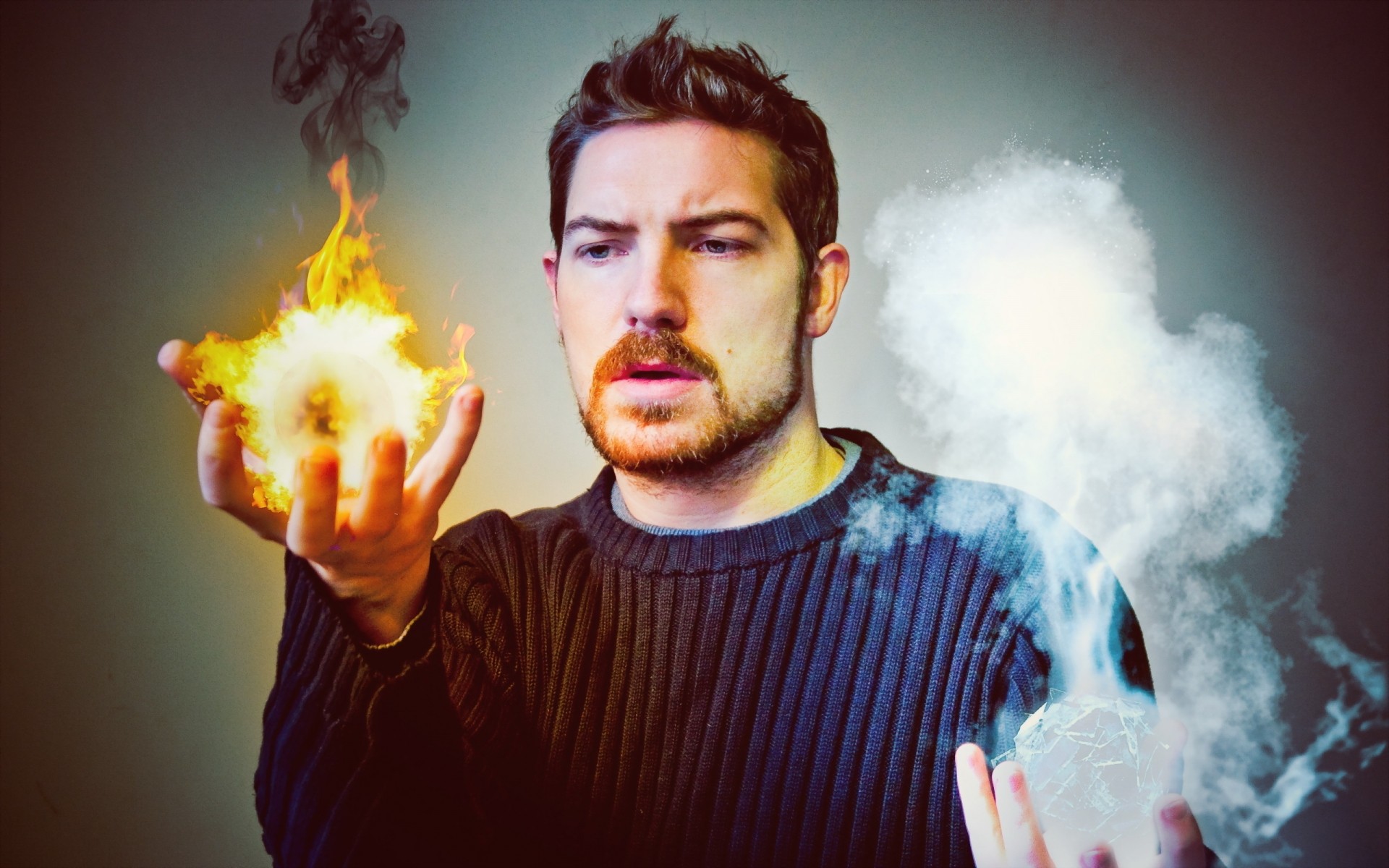 fire smoke one portrait man adult facial expression music fun fire ball white ball black smoke guy art