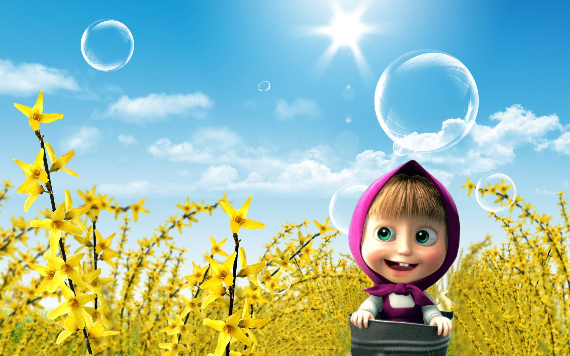 dessins animés nature ciel été herbe champ foin belle soleil plaisir fleur beau temps enfant savon bulles macha