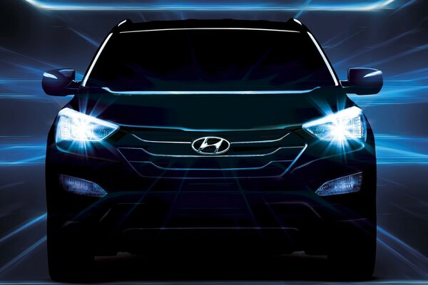 Oscuro Hyundai Santa fe con faros de luz de cruce monta en la oscuridad