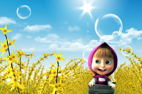 Masha from the cartoon in the golden grass